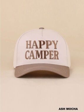 Zenana Happy Camper White Cap with Brown Embroidery Ash Mocha